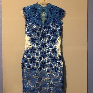 Blue/cream lining gown and jewel lace applicas